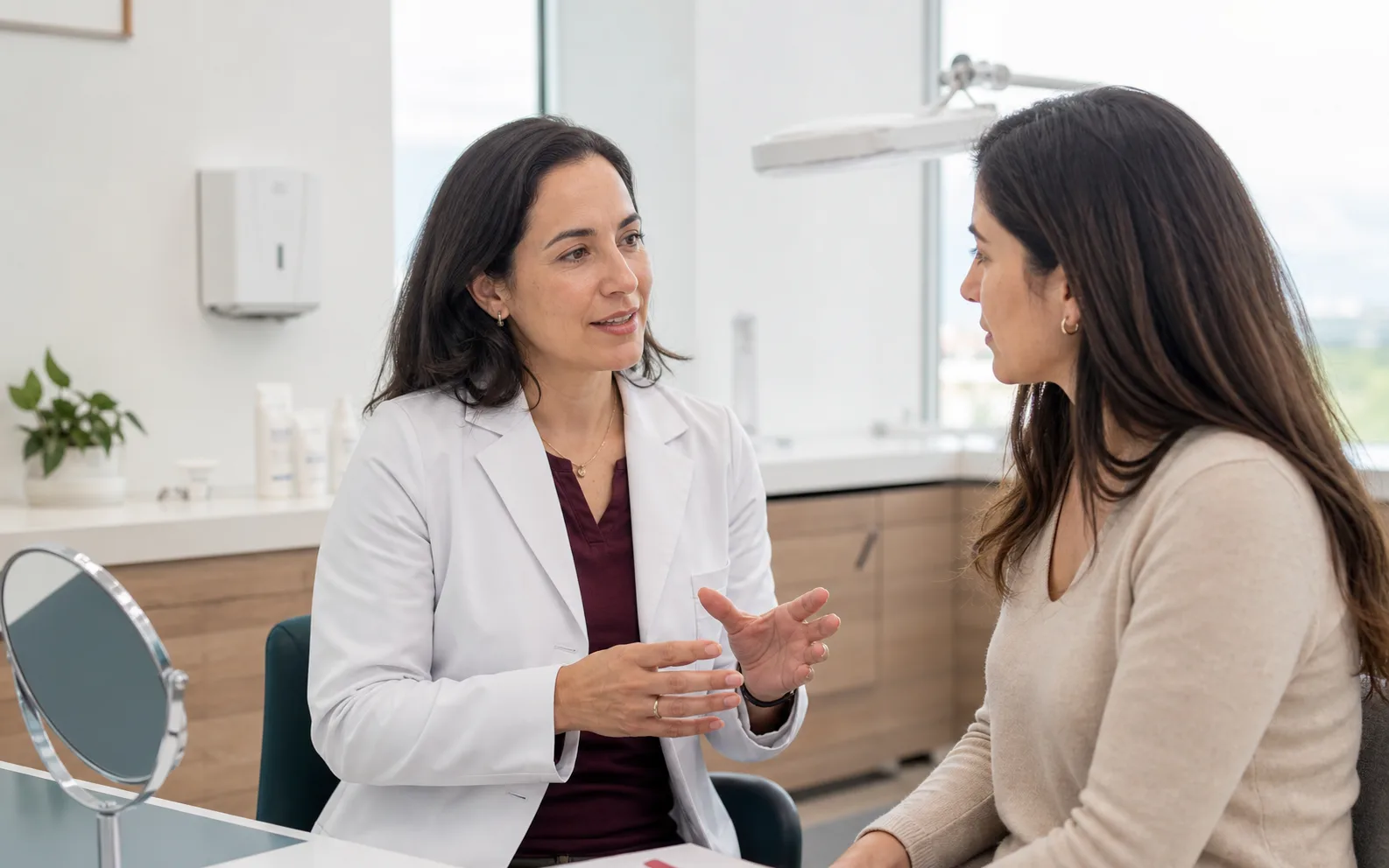 Dermatóloga orientando a una paciente durante una consulta